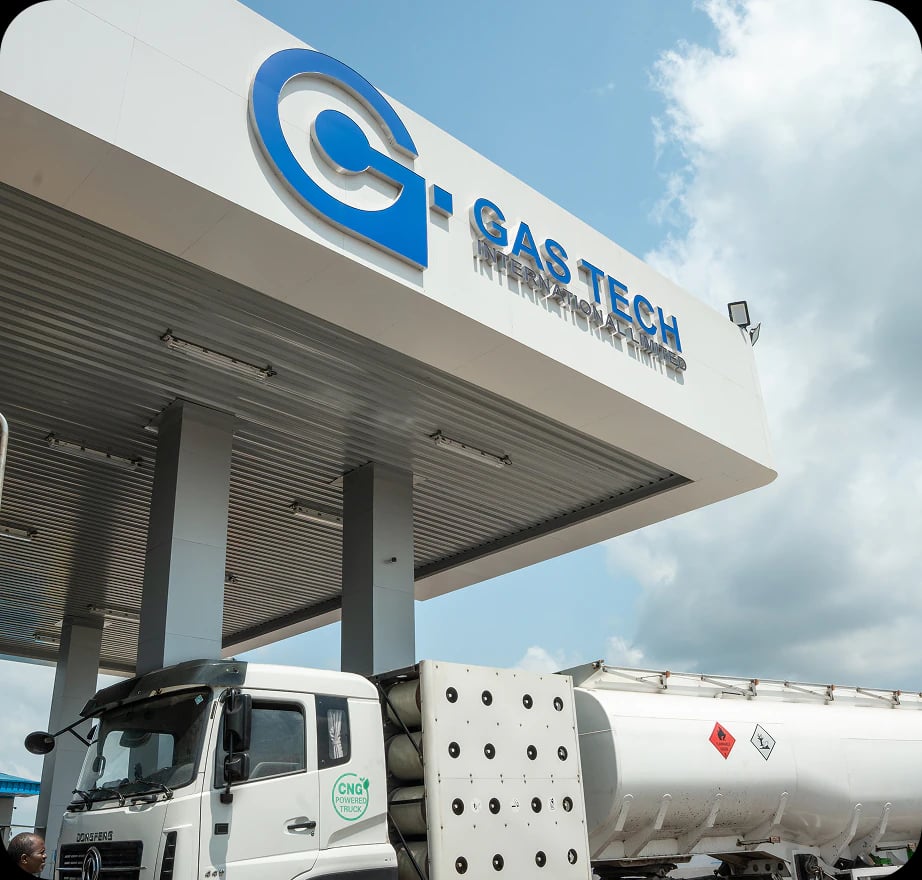 CNG-powered tanker beneath the Gas Tech International canopy