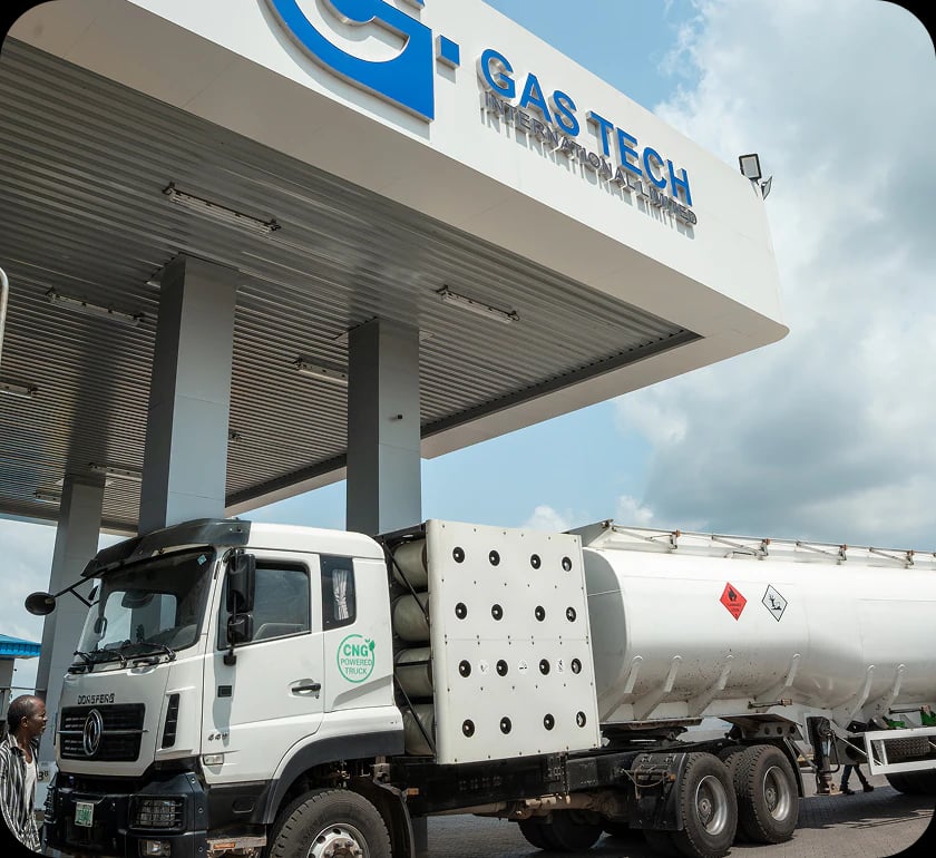 CNG-powered tanker under the Gas Tech International canopy