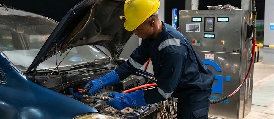 Gas Tech technician working on a car's CNG system beside a dispenser