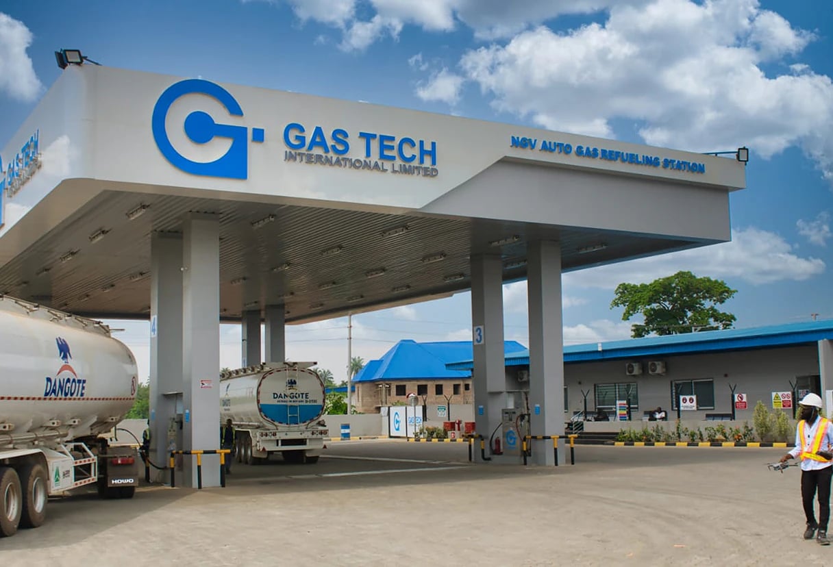 Dangote CNG tankers at the Gas Tech NGV Auto Gas Refueling Station canopy