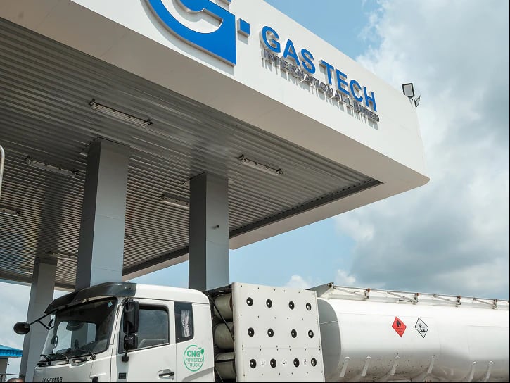 Gas Tech NGV station canopy with a CNG truck