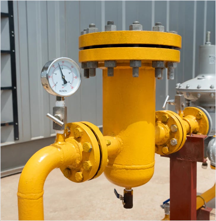 Gas filtration unit with pressure gauge