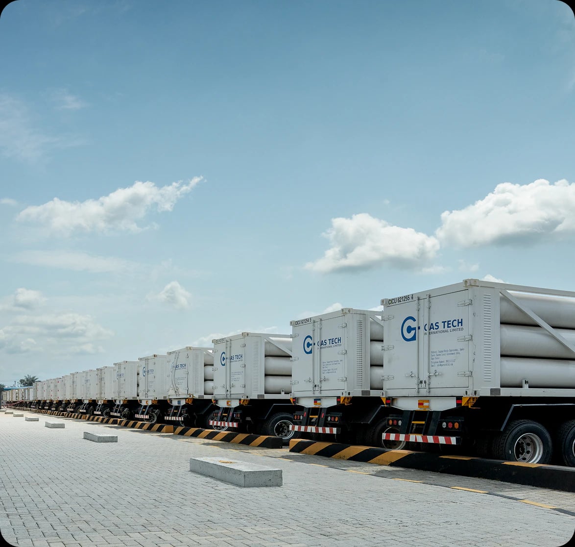 Row of Gas Tech CNG cascade trailers at the mother station
