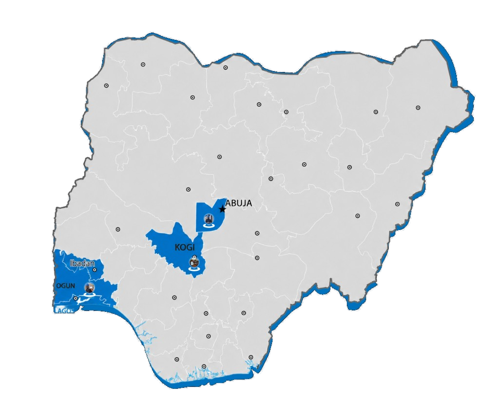Map of Nigeria highlighting Gas Tech's presence in Ogun State, Kogi State and Abuja